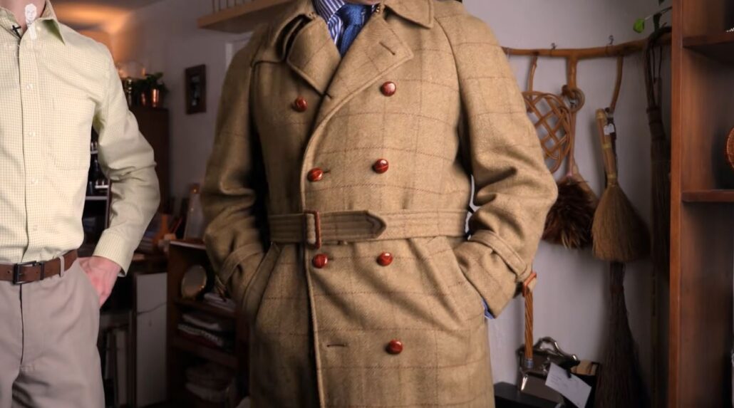 A front view of the vintage Trumpeter teller coat 