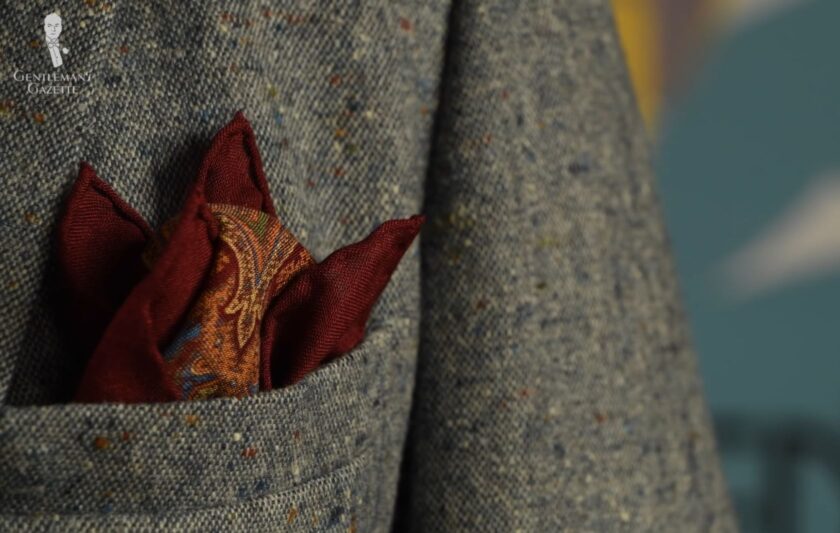 Upside-down puff fold (Pictured: Wine Red, Yellow, Blue, Green, Orange Silk Wool Medallion Pocket Square from Fort Belvedere)