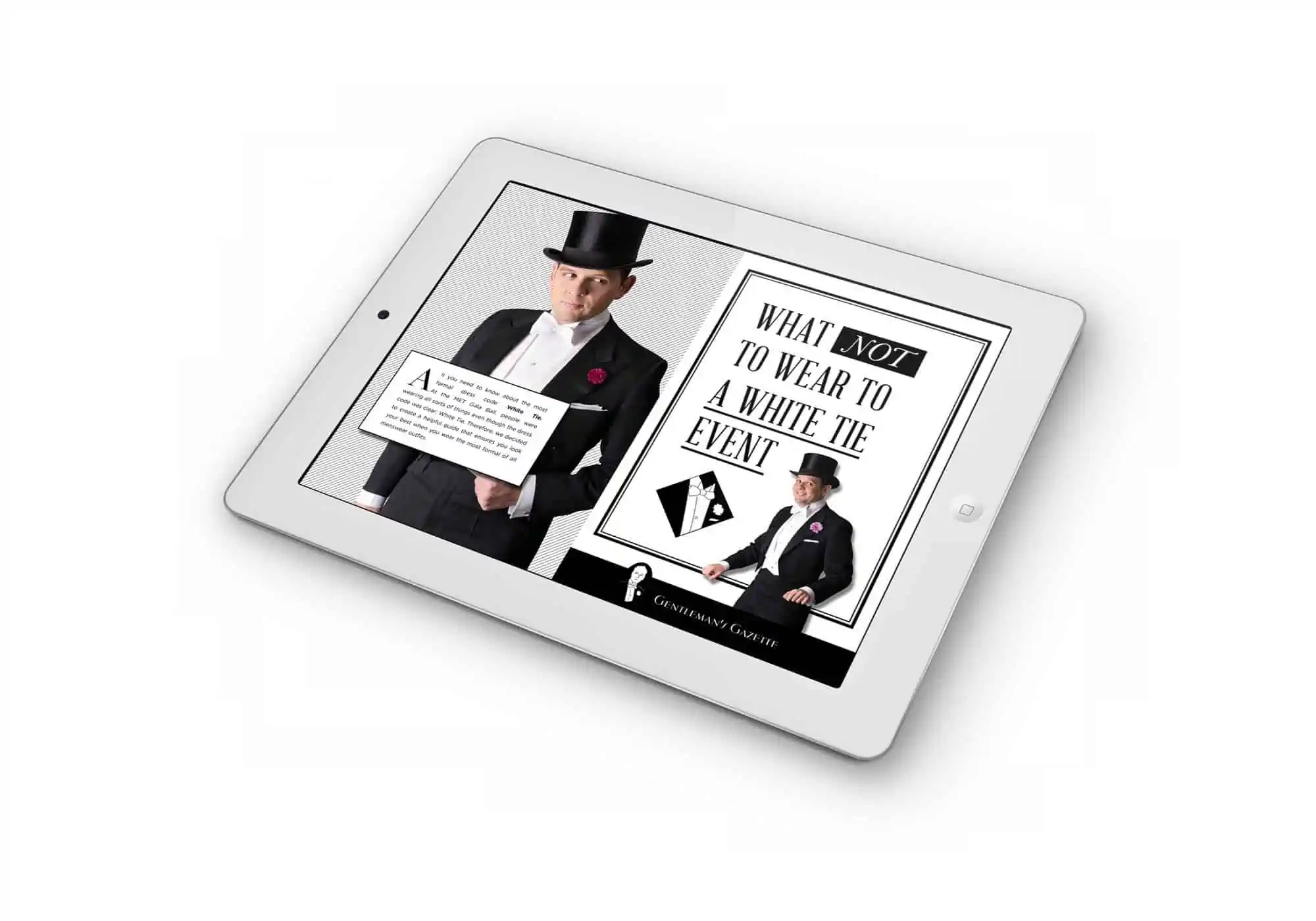 A photograph of a tablet displaying the white tie guide ebook