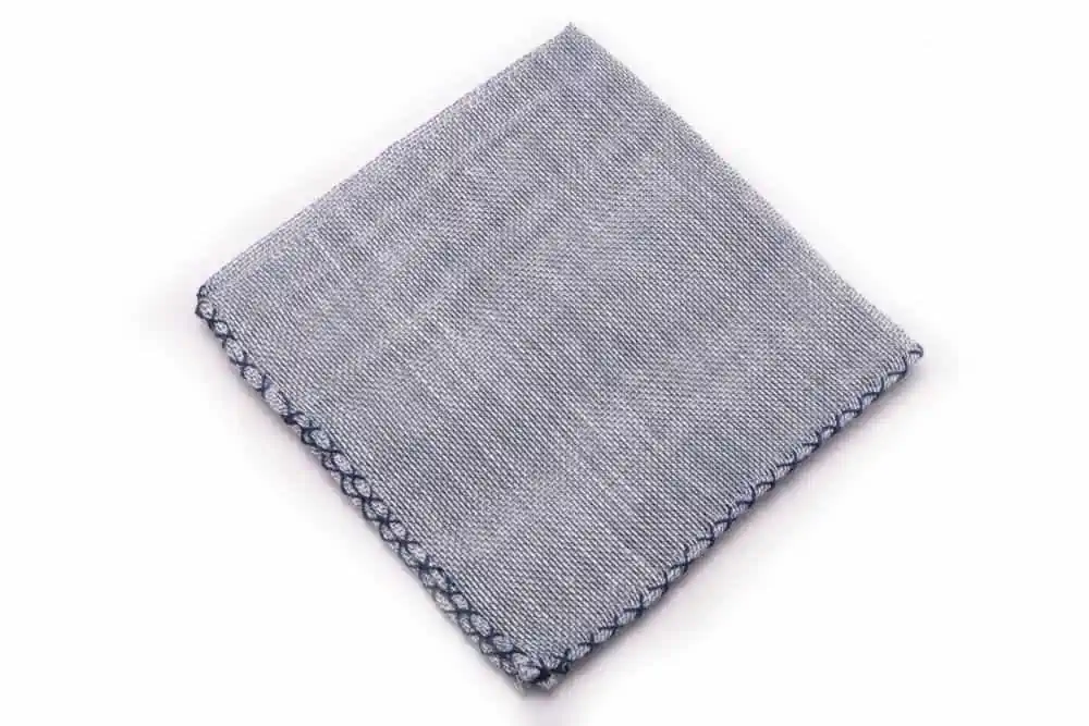 Dark Blue Handcrafted Linen Pocket Square with Navy Blue Handrolled X Stitch