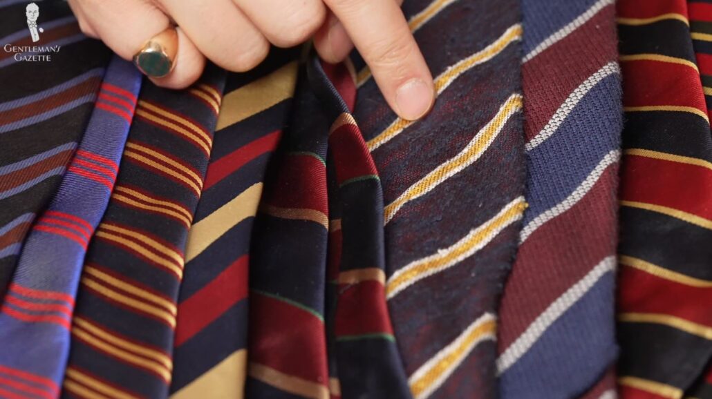 Different striped ties from Raphael's collection up close