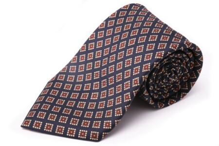 Madder Print Silk Tie in Navy with Red, Buff and Orange Diamond Pattern