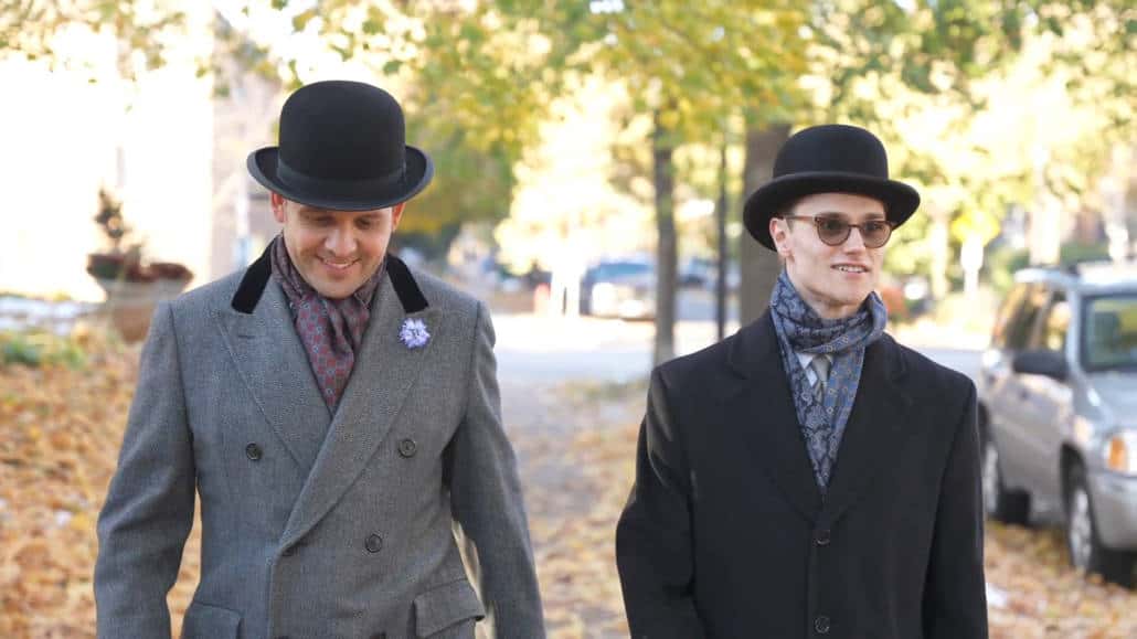 Raphael and Preston wearing bowler hats