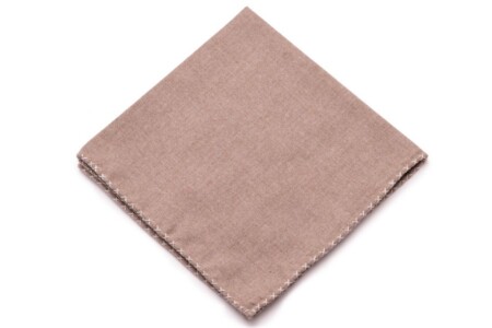 Soft Light Brown Cotton Flannel Pocket Square with handrolled light gray X-stitch edges - Fort Belvedere