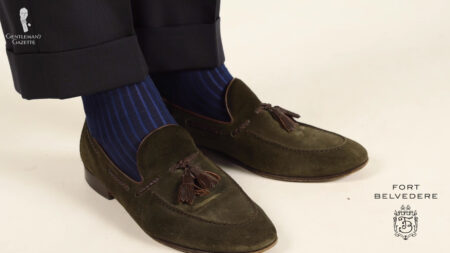 Suede Loafers and Blue Shadow Stripes Socks