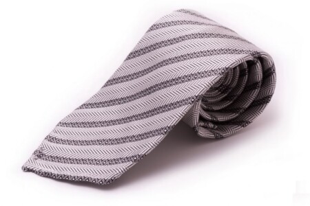 Wedding Tie in Silver Herringbone Silk and Black Stripes