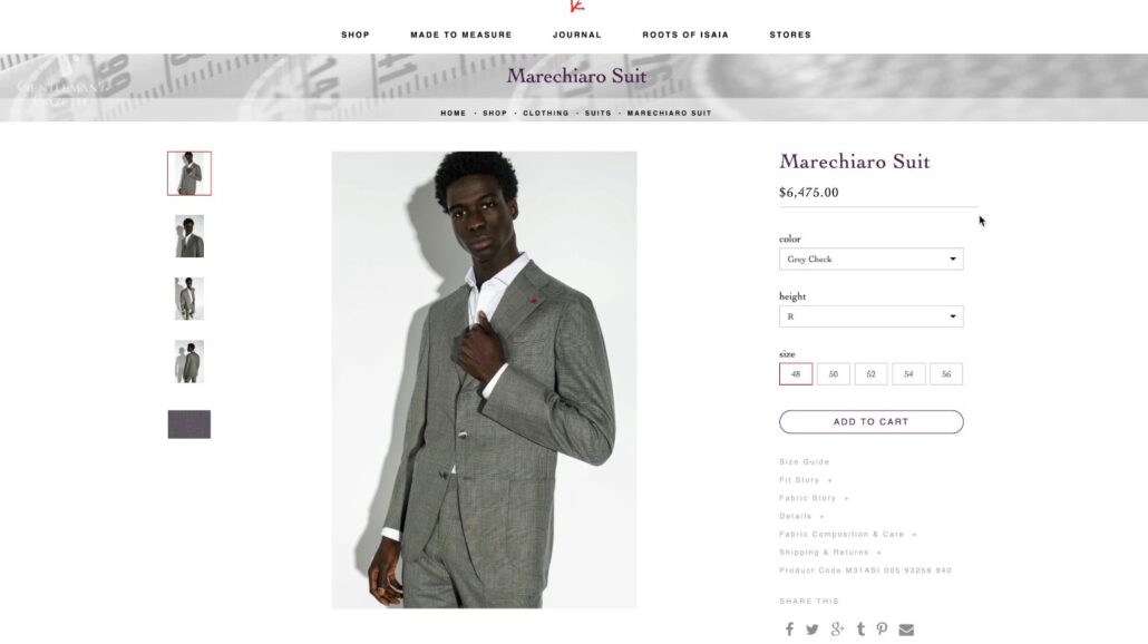 A grey check Isaia Marechiaro suit worth $6,475 as listed on their website [Image Credit: Isaia]