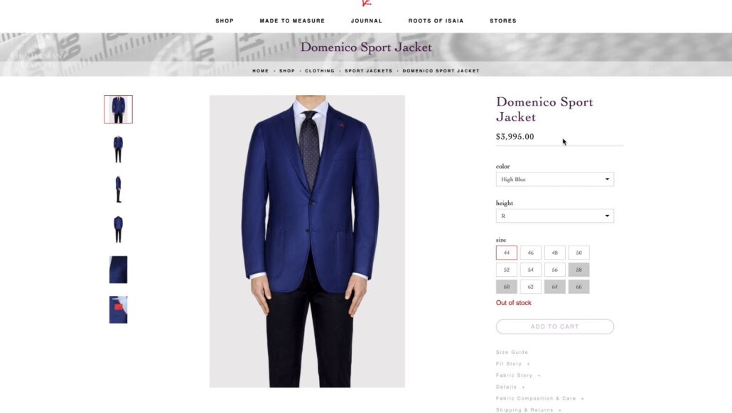 The Domenico Sport Jacket product listing on Isaia's website with a price of $3,995. [Image Credit: Isaia]