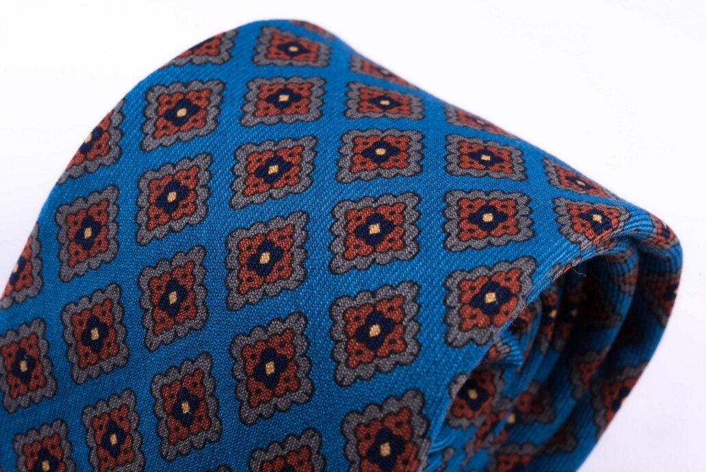 Wool Challis Tie in Turquoise with Gray, Orange, Navy and Yellow Pattern from Fort Belvedere