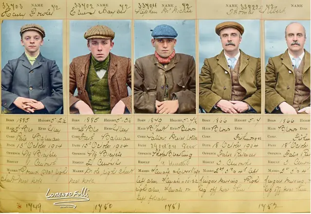 A photograph showing mugshots of five men, four of whom are wearing peaked caps, with handwritten notations about their alleged crimes.
