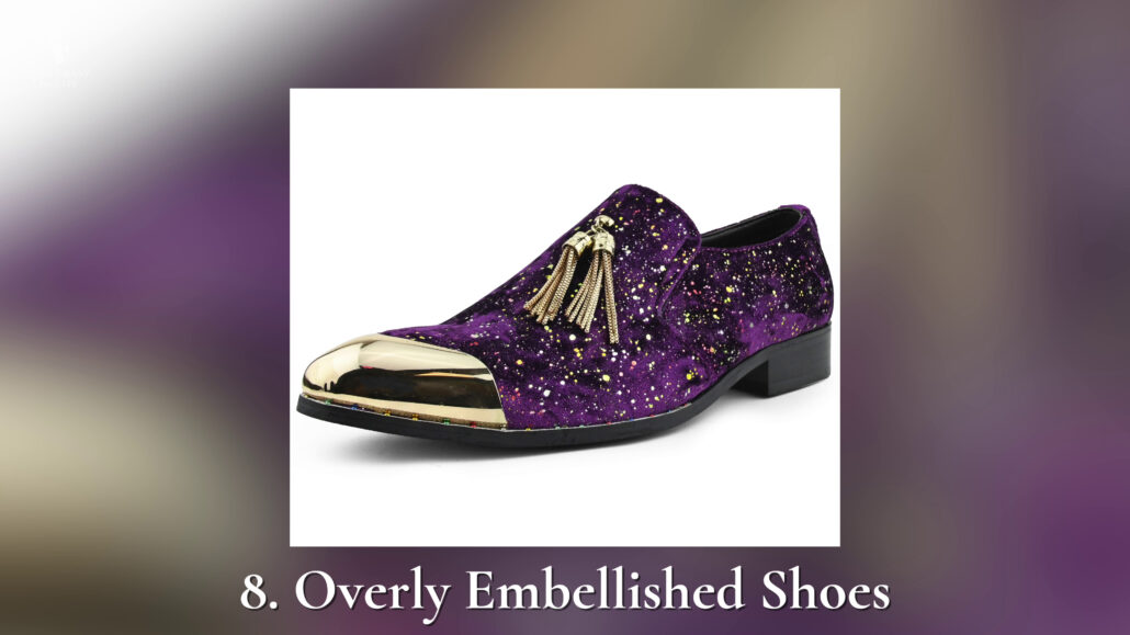 A violet dress shoe with glitters, metal tassels and gold cap toe.