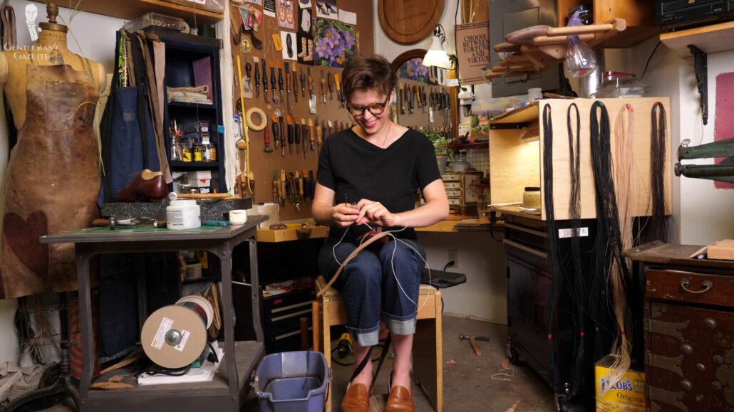 Amara makes every single part of her shoes herself in her St. Paul workshop.