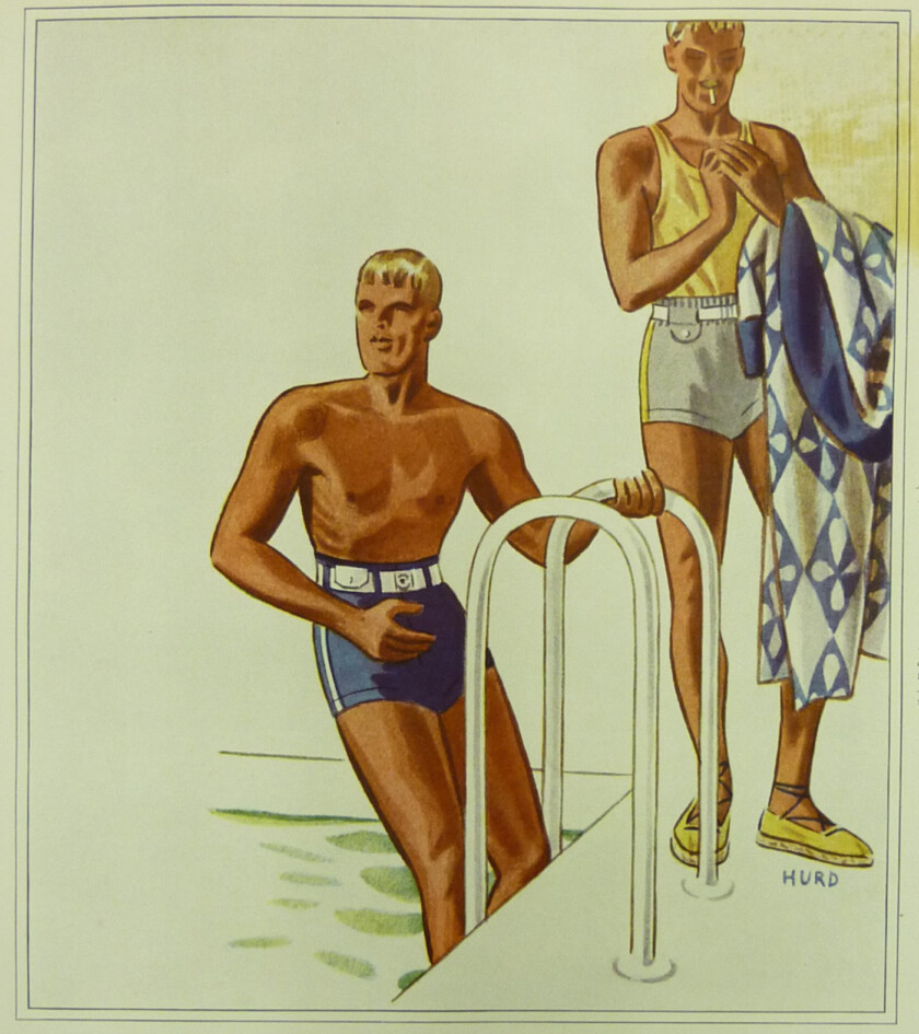 1930s fashion illustration showing two men at a pool, one wearing espadrilles
