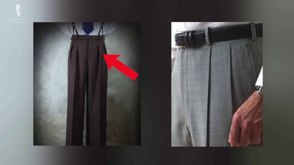 At left: trousers with forward-facing pleats [Image Credit: Chester Cordite]
