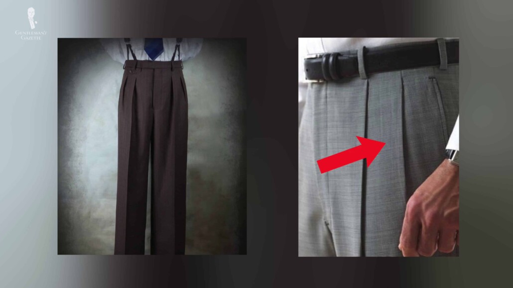 At right: trousers with reverse pleats [Image Credit: Hansen's Clothing]