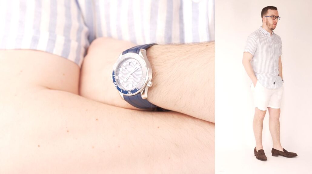 Chris in a casual ensemble wearing an Omega Seamaster watch with rubber straps