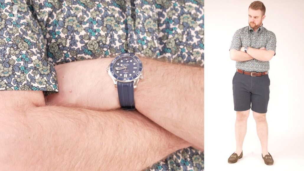 The same Omega Seamaster watch on Nathan matched with his casual summer-appropriate outfit