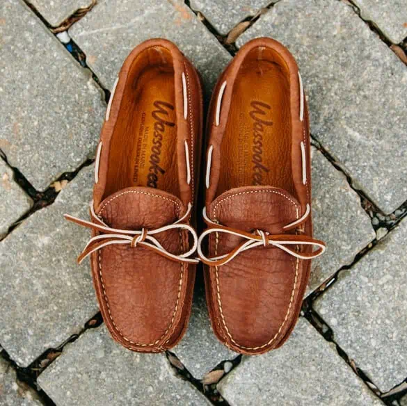 A pair of medium brown Wassookeag moccasins
