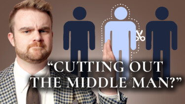 Nathan looking a bit confused, as he stands in front of a diagram illustrating the concept of "cutting out the middle man"