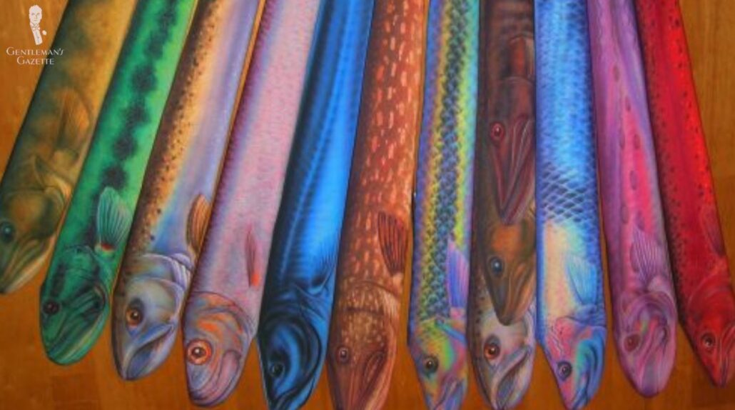 A collection of Ralph Marlin fish ties [Image Credit: Laughing Whitefish]