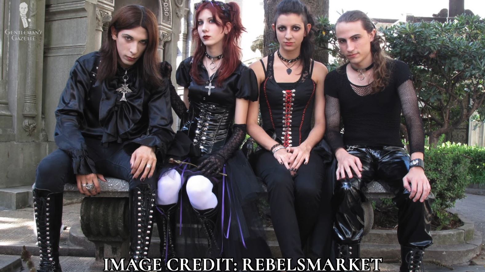 A group of teenage goths all in black clothing [Image Credit: Rebels Market]