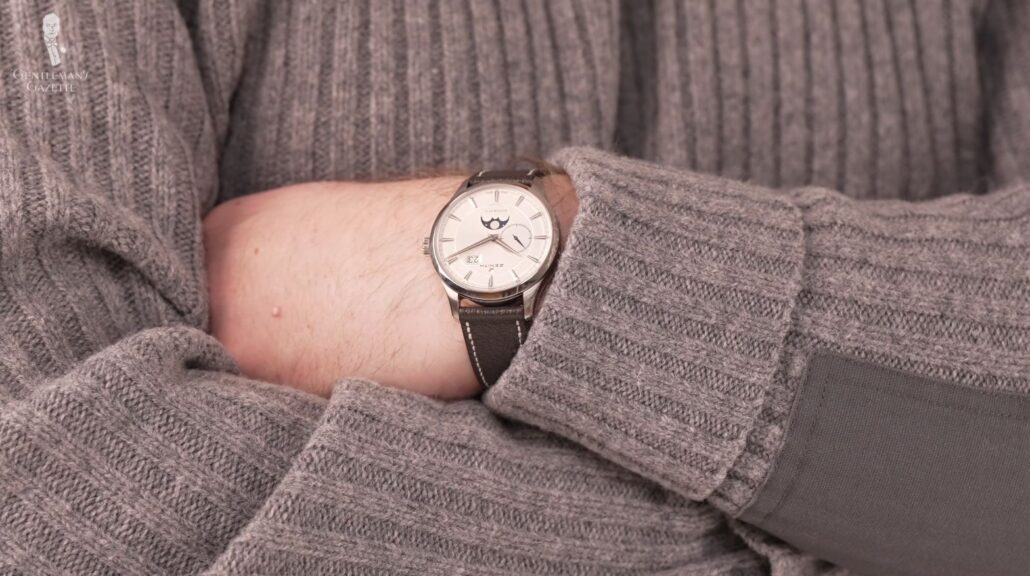 A traditional leather watch strap is fitting for everyday semi-casual wear