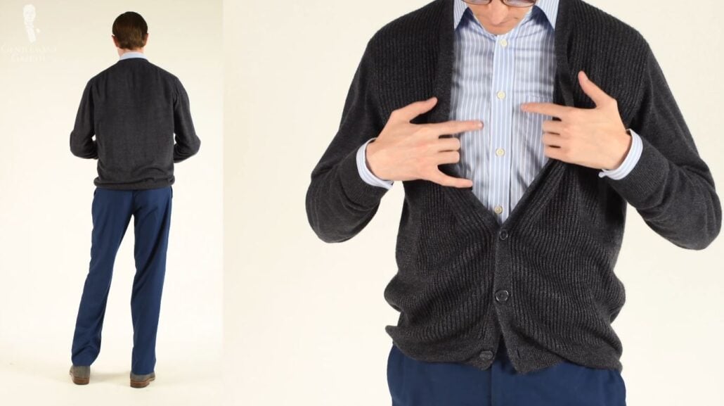 Preston in shades of blue matched with a charcoal gray cardigan for a monochromatic look