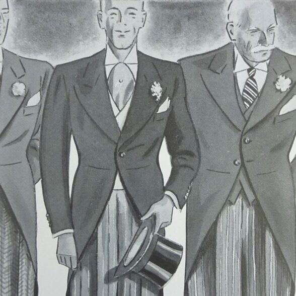 An illustration of vintage gentlemen in morning coats for a wedding ceremony