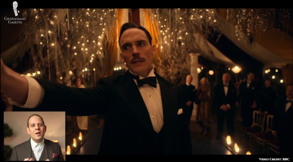 Oswald Mosley in a Black Tie ensemble [Image Credit: BBC]