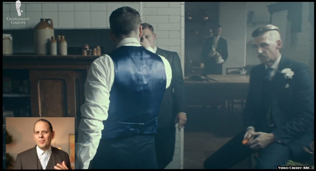 On closer look, Tommy Shelby dons shirt garters in this scene. [Image Credit: BBC]