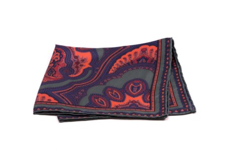 Silk Pocket Square in Green with Orange Large Paisley Pattern