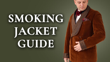 Raphael in a dark brown velvet smoking jacket and red tartan bow tie; text reads, "Smoking Jacket Guide"