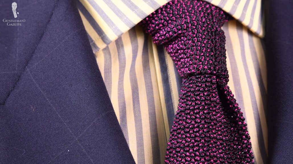Two-Tone Knit Tie in Black and Magenta Pink Changeant Silk from Fort Belvedere