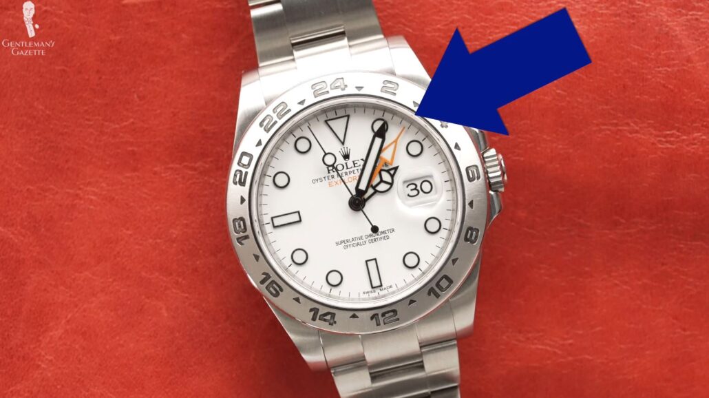 The second-hour pointer on a Rolex watch