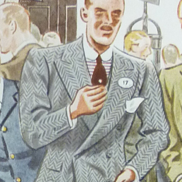A man in a 1930s suit wearing a horizontal stripe shirt