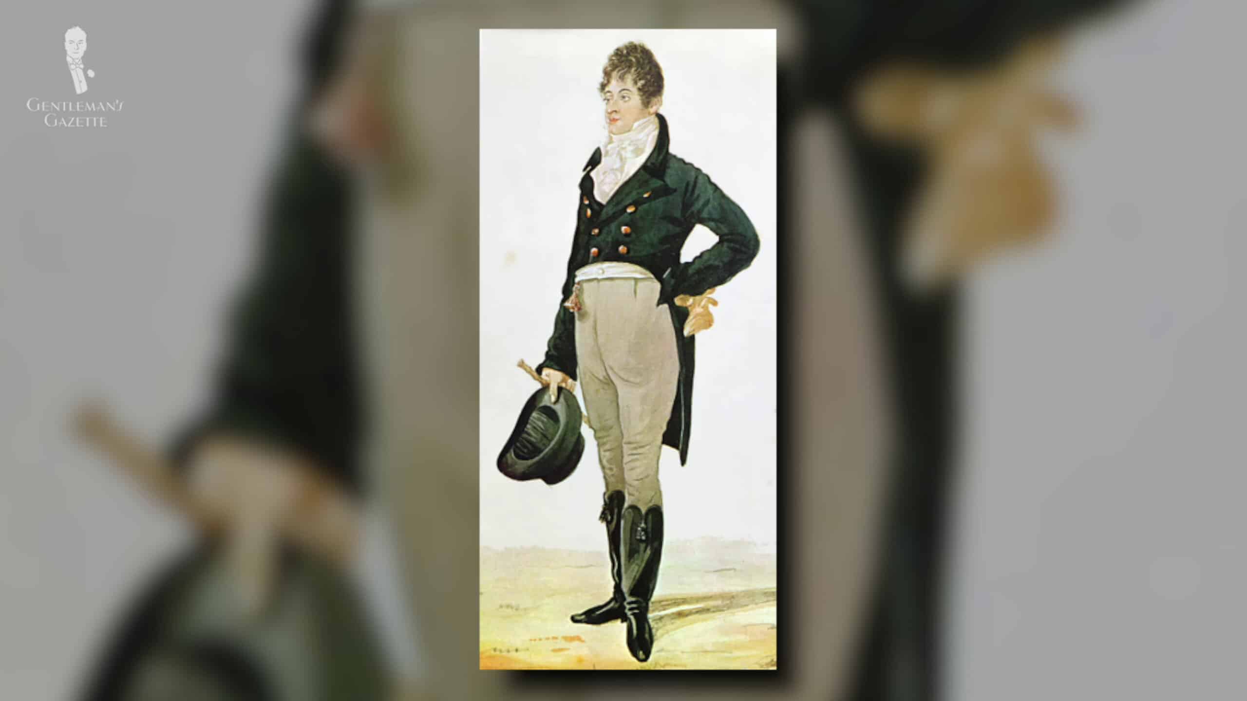 Brummels Standard Day Attire Blue Coat With A Buff Waistcoat Off White Linen Shirt And White Cravat Buckskin Trousers With Dark Riding Boots Scaled Brummel's standard day attire - blue coat with a buff waistcoat, off-white linen shirt and white cravat, buckskin trousers with dark riding boots.