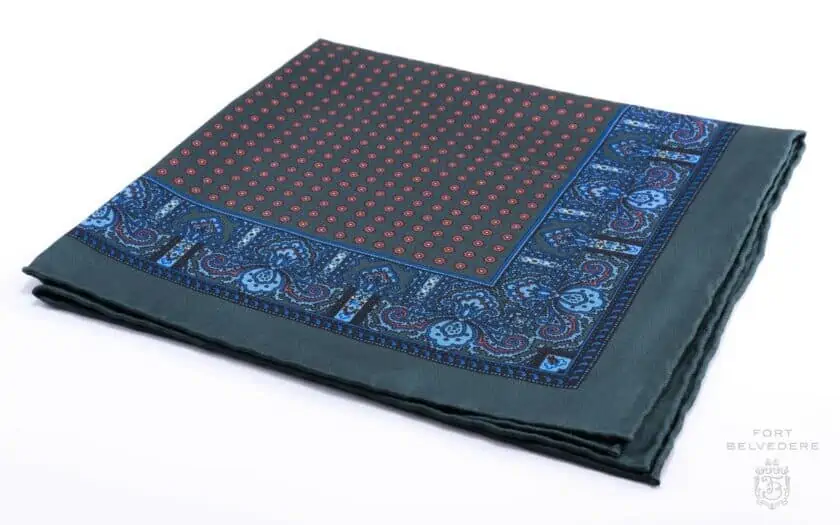 Dark Green Silk Pocket Square with Orange Dots Motifs and Blue Paisley - Fort Belvedere