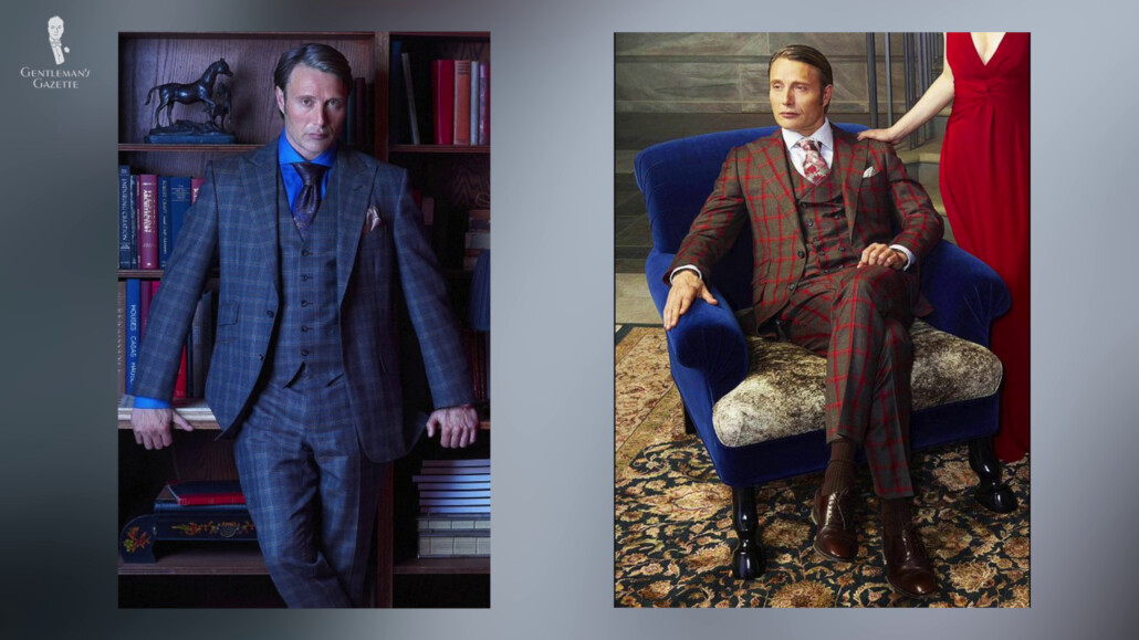 Hannibal's outfits include bold checks, jewel-toned shirts, and large paisley ties tied in Balthus knots.