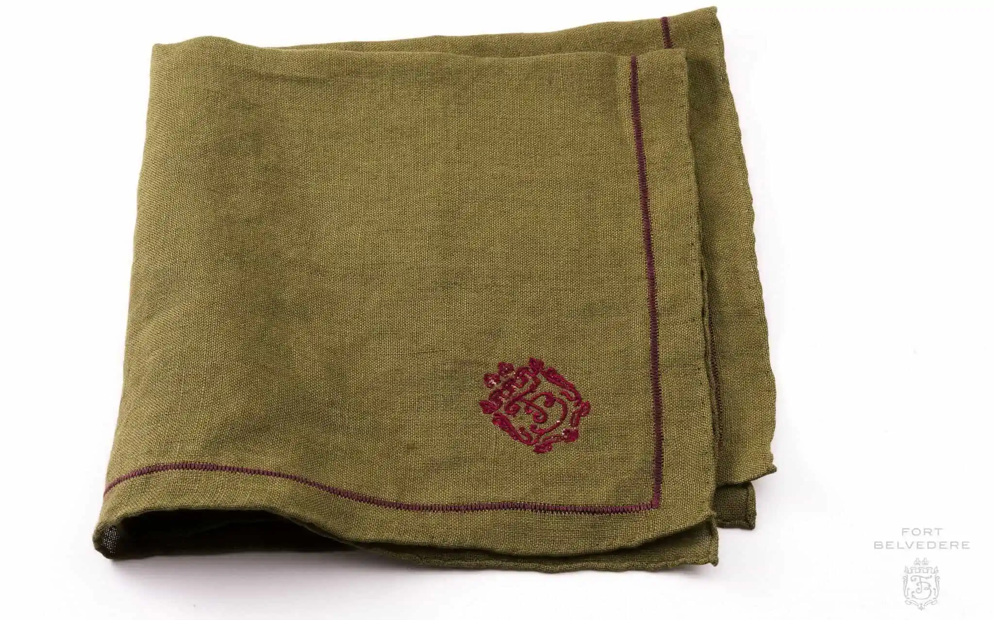 Olive Green Linen Pocket Square with Dark Brown Contrast Embroidery - Fort Belvedere