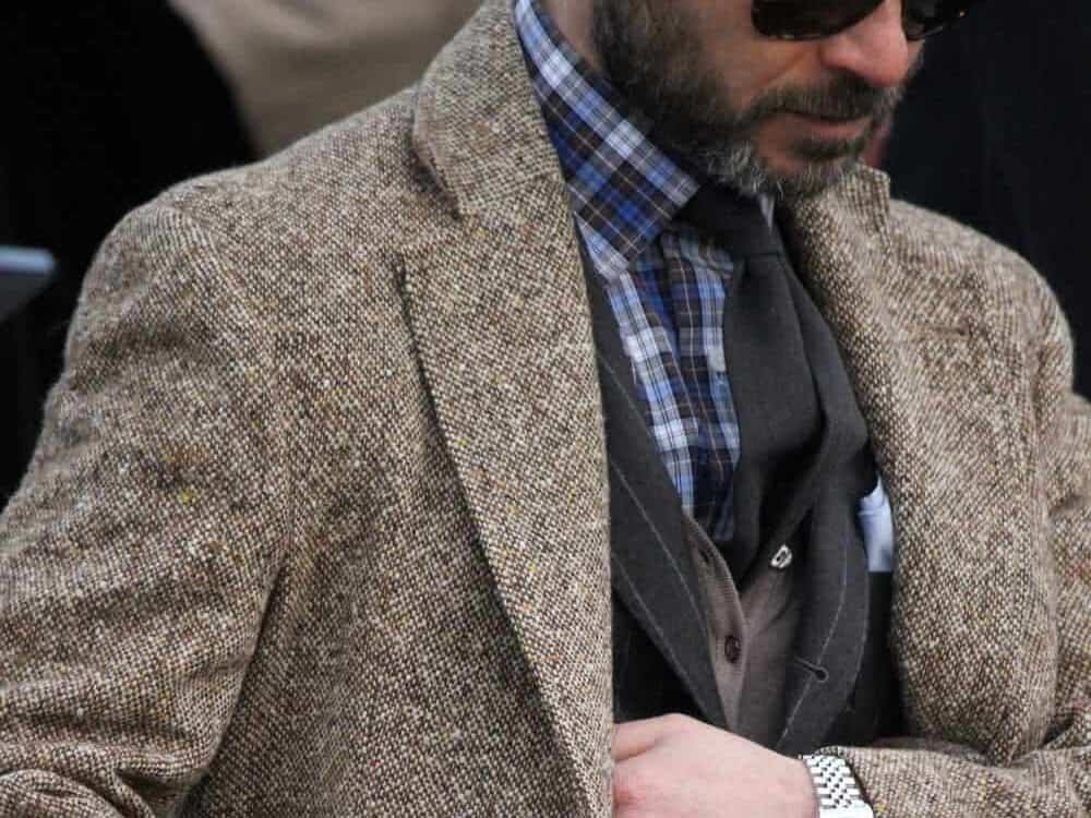 Plaid cotton flannel shirt, flannel chalk stripe suit, knit cardigan and donegal tweed overcoat