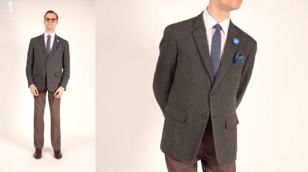 Preston wearing a business casual outfit with several color tones that still harmonizes with each other.