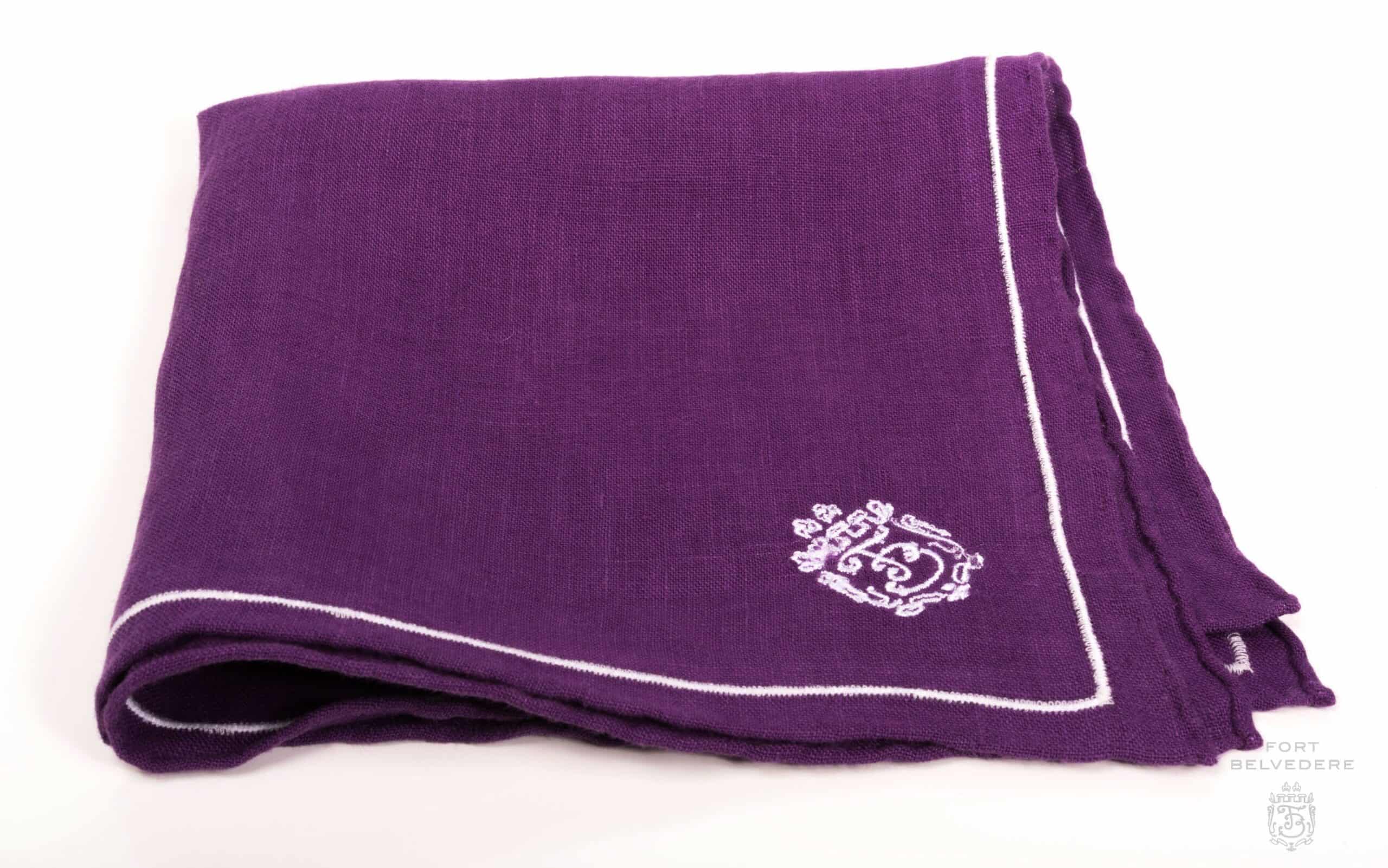 Purple Linen Pocket Square with Silver Grey Contrast Embroidery - Fort Belvedere