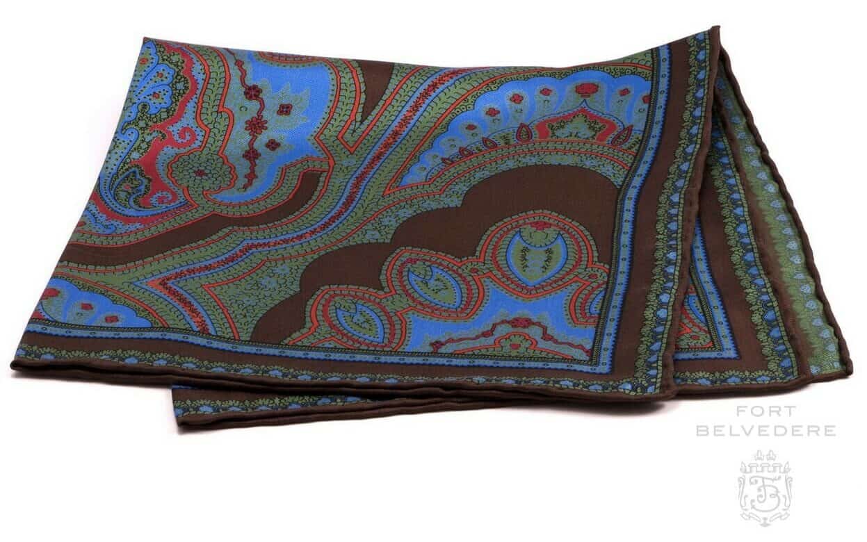 Silk Pocket Square in Brown with Blue, Green, Red Large Paisley Pattern- Fort Belvedere