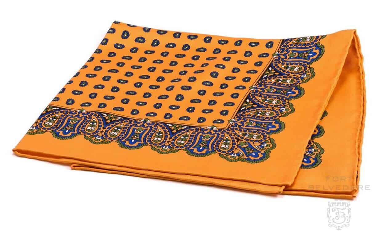 Silk Pocket Square in Sunflower Orange with Small and Large Paisley - Fort Belvedere