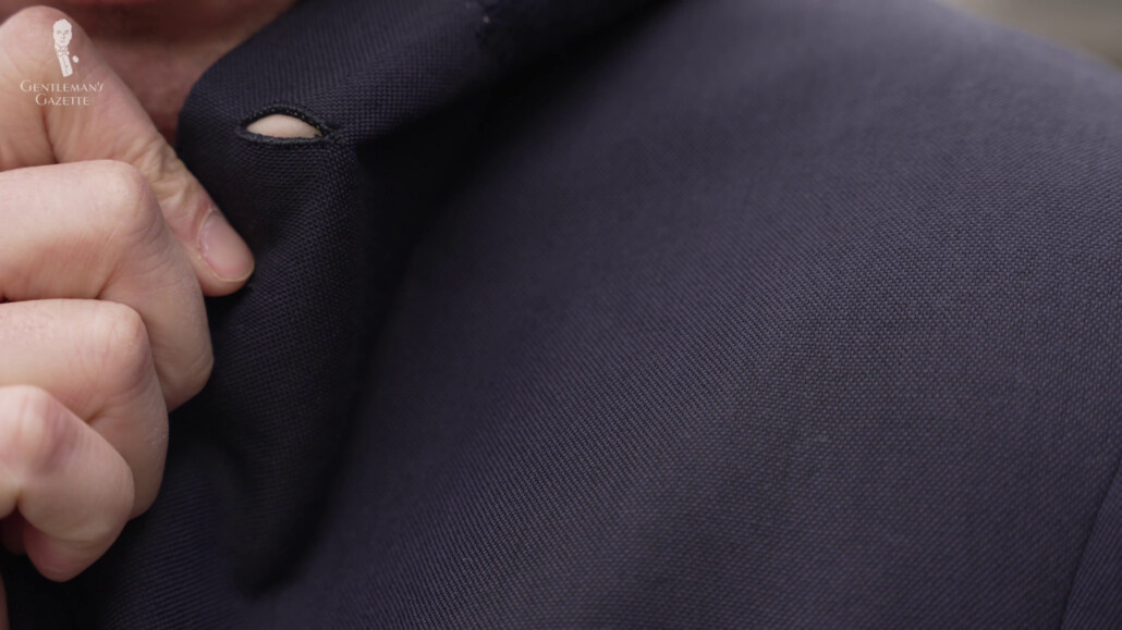 The handmade lapel hole that Raphael specifically requested to be added to his suit.