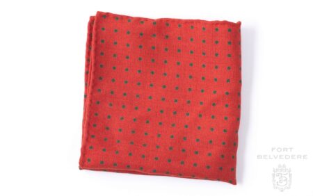Wool Challis Pocket Square in Orange with Green Polka Dots - Fort Belvedere