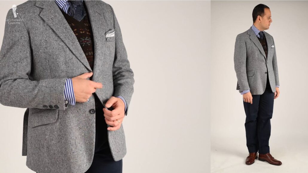 Raphael employs a classic color combination of blue, gray, and brown in this business casual ensemble