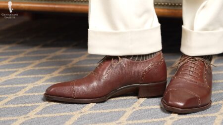 Here, we see the final bespoke shoes (Pictured: Shadow Stripe Ribbed Socks Dark Brown and Beige from Fort Belvedere)