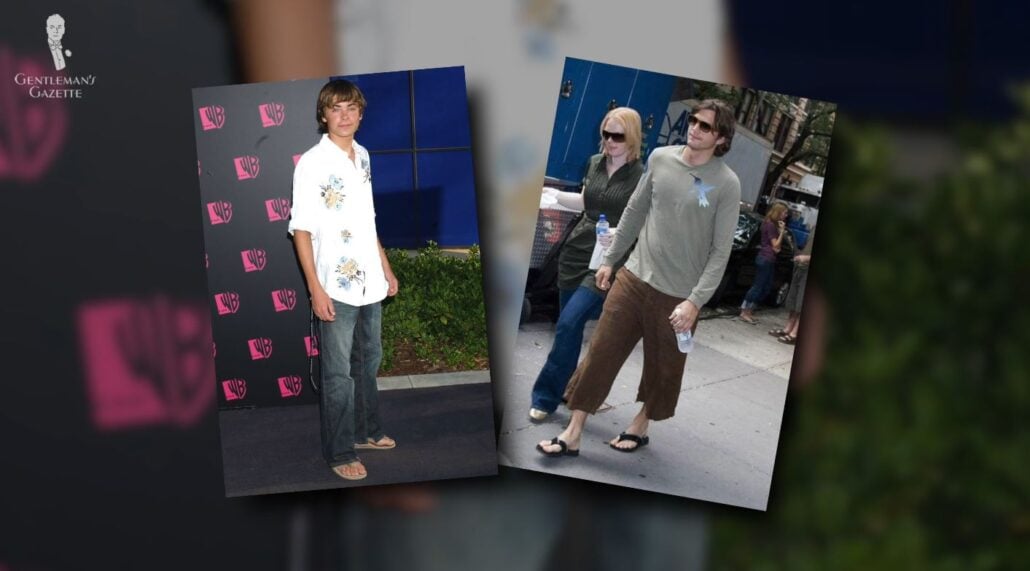 Celebrities Zac Efron and Ashton Kutcher wearing flip-flops [Image Credit: Left: Harper's Bazaar; Right: All4Manpris]