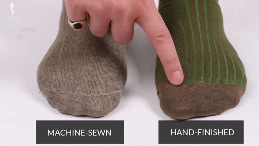 Hand-finished socks do not have visible itchy seams as opposed to machine-sewn ones (Pictured: Mid Brown and Green Shadow Stripe Ribbed Socks from Fort Belvedere)